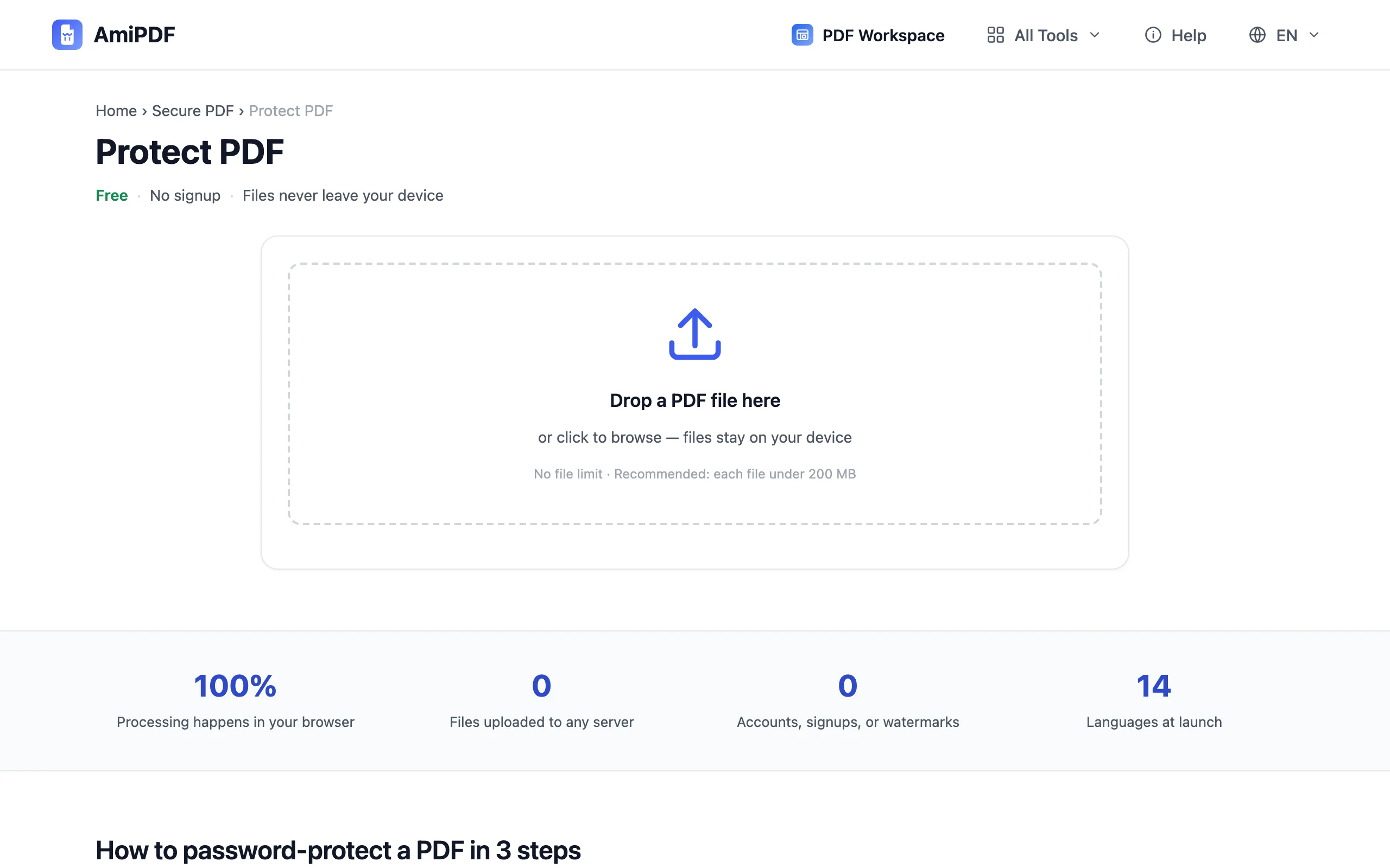 Protect PDF – Open the tool and add your PDF