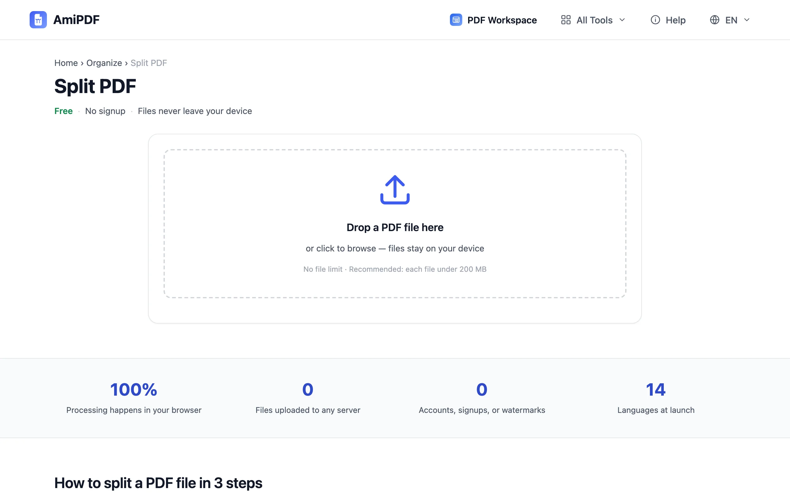 Разделить PDF – Откройте инструмент и добавьте PDF