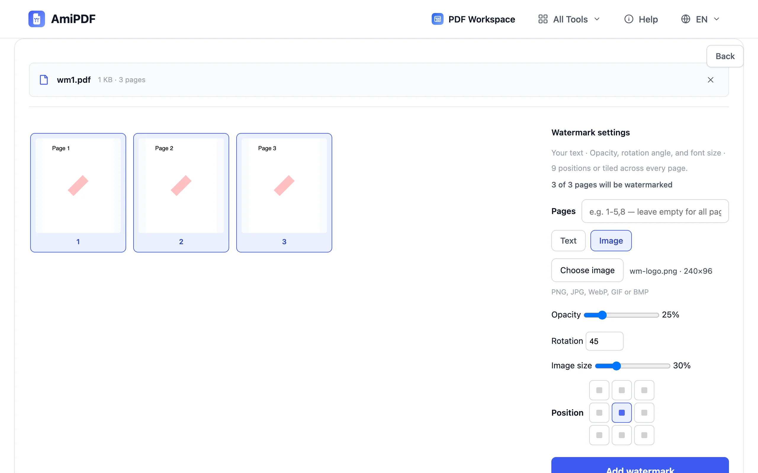 Add Watermark – Switch to Image and choose your logo