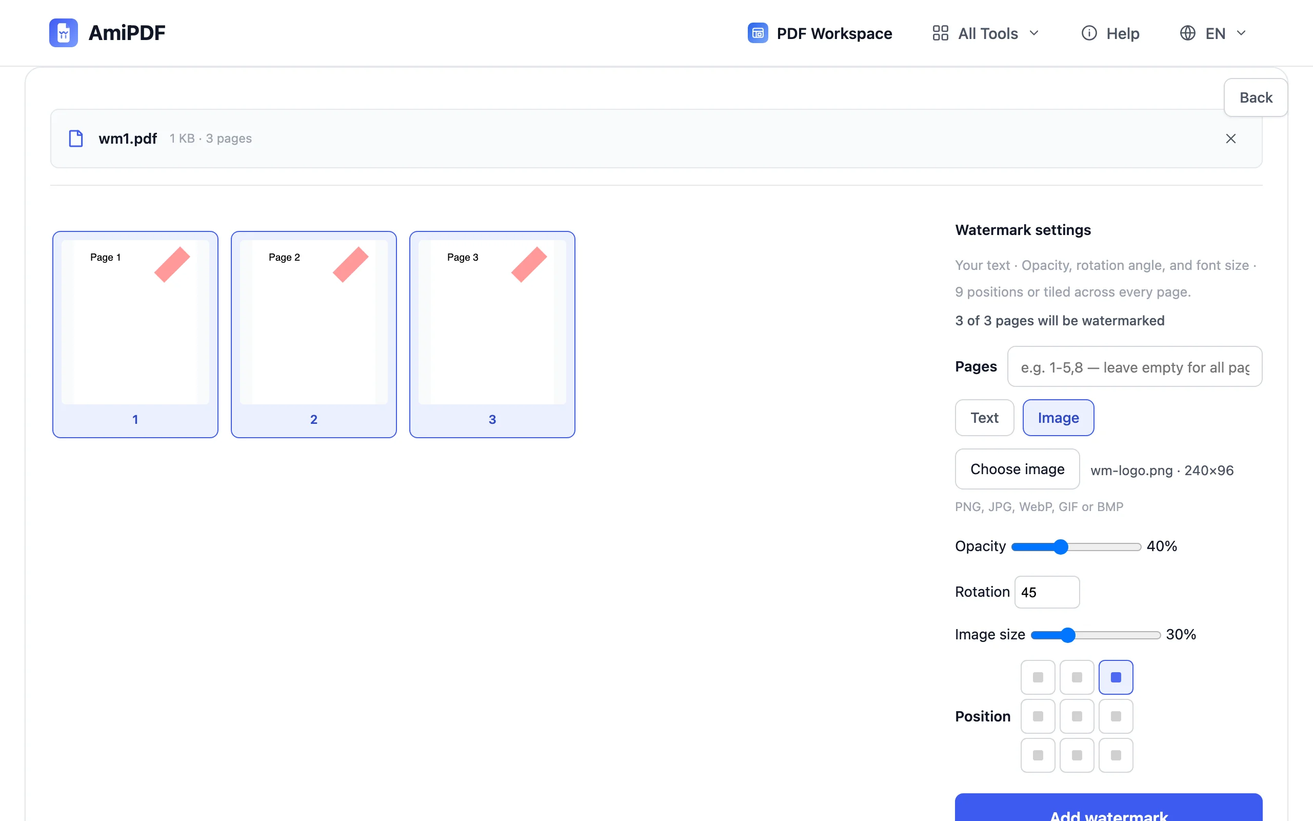 Add Watermark – Set size, opacity, rotation and position