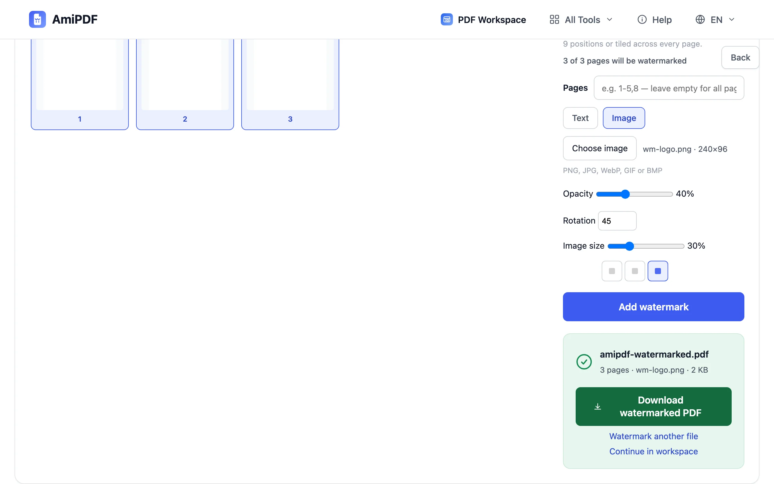 Add Watermark – Pick the pages and download